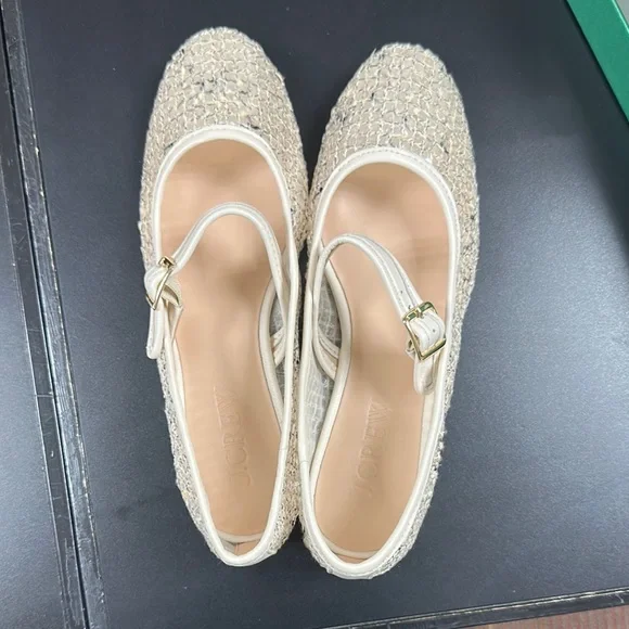 🪸 J. Crew 🪸 NWB Cream Mesh Mary Jane ballet flats with sequins Camel Multi 7-H M